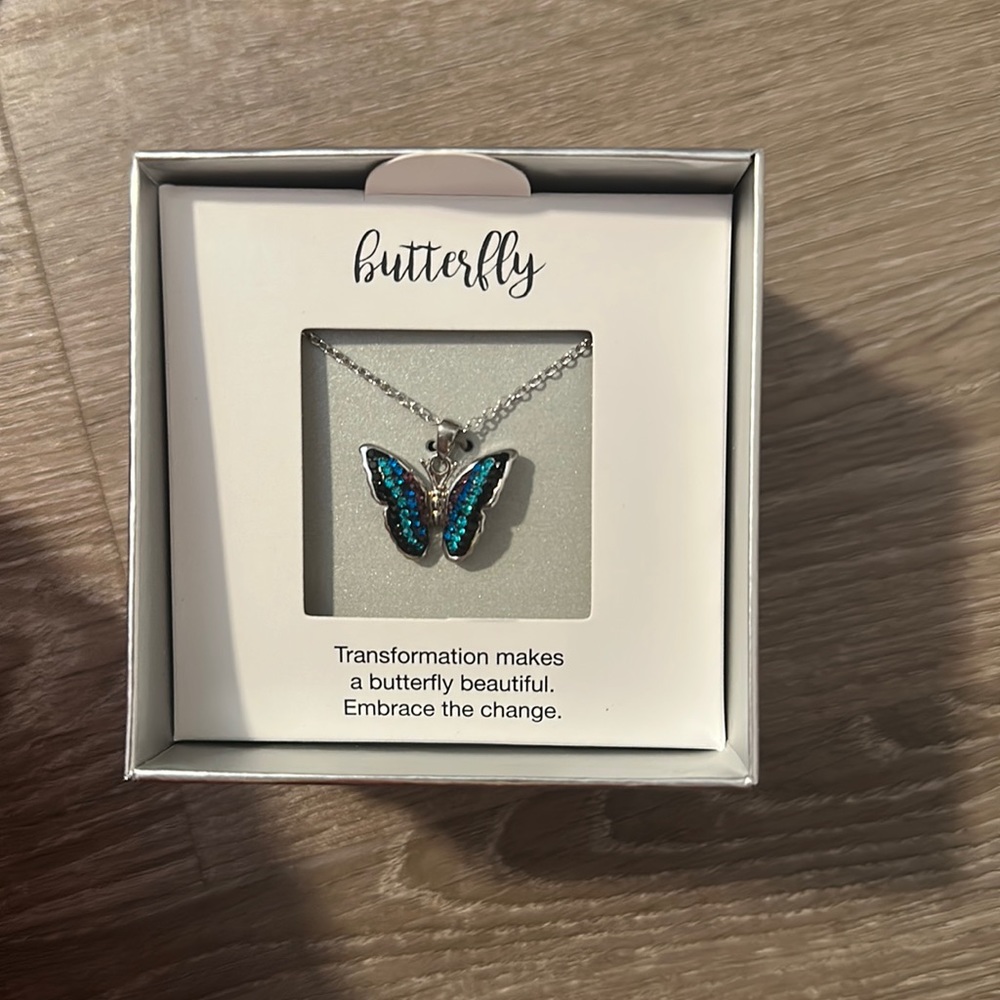Blue butterfly necklace. BRAND NEW STILL IN BOX